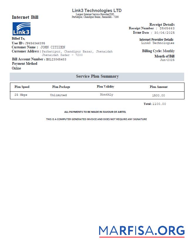 Realistic Bangladesh Link3 Technologies LTD utlity bill template in Word and PDF formats